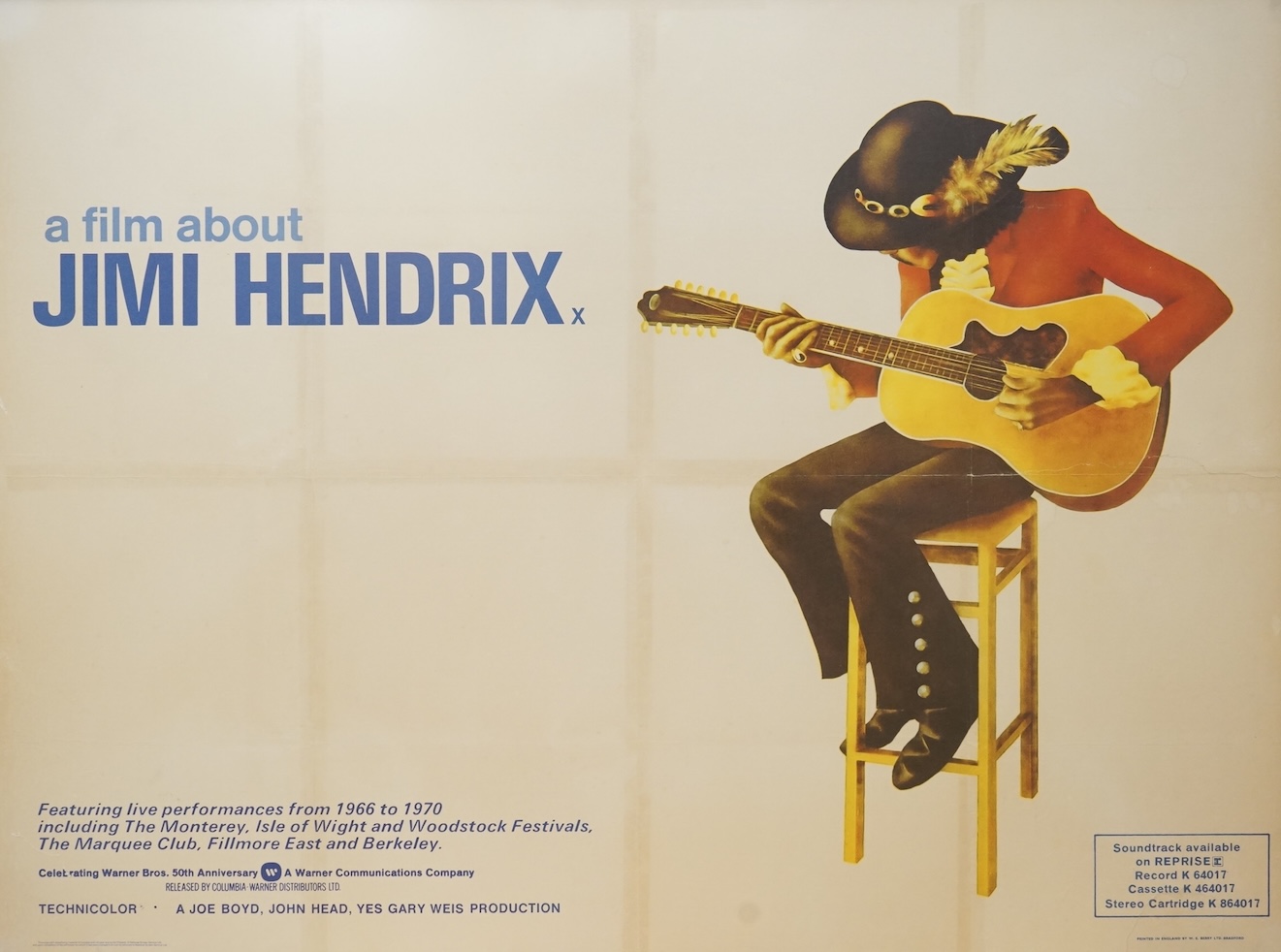 Jimi Hendrix interest; a framed 1973 quad advertising film poster ‘a film about Jimi Hendrix’, printed in England by W.E.Berry Ltd. Bradford, provenance; collected at the time of the film’s screening by the vendor from a